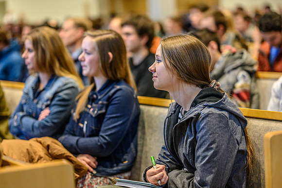 Students listen to Don Sleight, CEO of AgReserves, Inc for The Church of Jesus Christ of Latter-day Saints speak on the topic of: Learning From Science, Learning From Faith, in the Taylor Chapel.