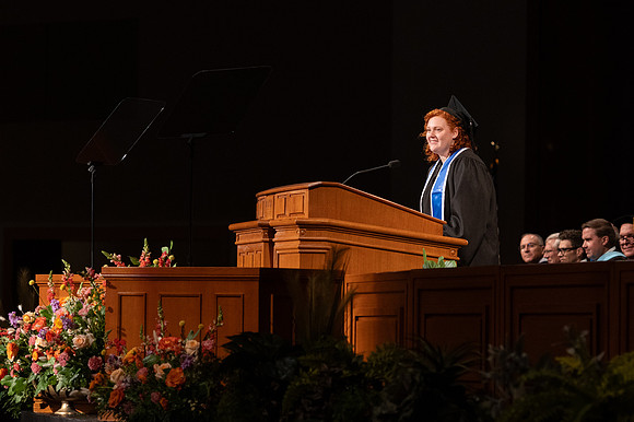 Mayleigh Barth, Special Education K-12 major, speaks at convocation for the College of Education & Human Development