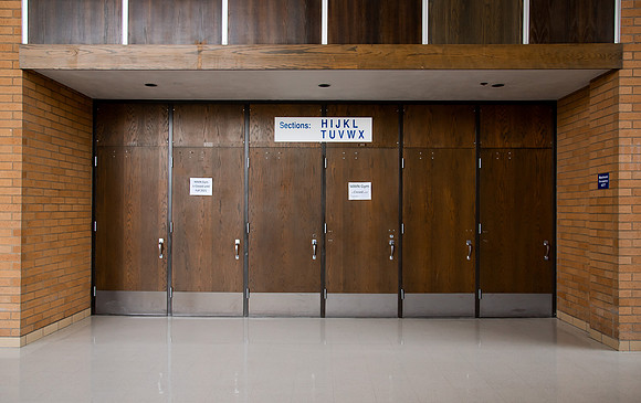 Construction in the BYUI Hart building main gym, locker rooms, and racquetball courts.