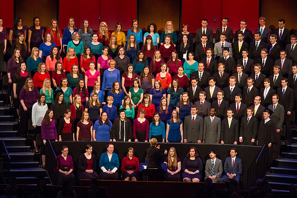 The BYU-Idaho University Choir sings during Commencement in the I-Center.