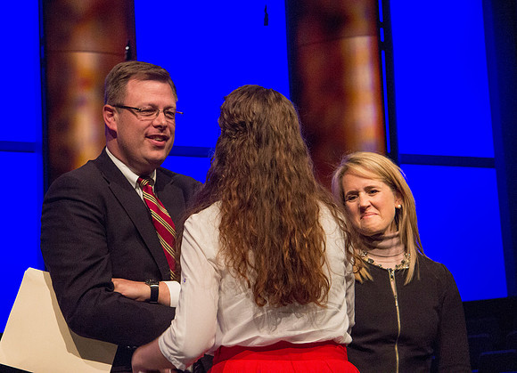 Clark Gilbert speaks to a BYU-I student after devotional. Taken by Erik Hill