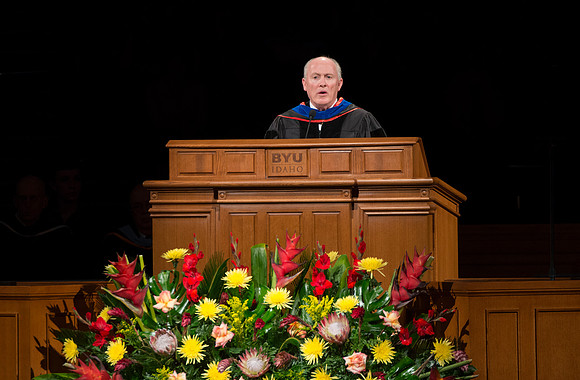 Elder Richard J. Maynes, Presidency of the Seventy give the keynote address during April 2014 Graduation ceremonies in the BYU-Idaho Center.