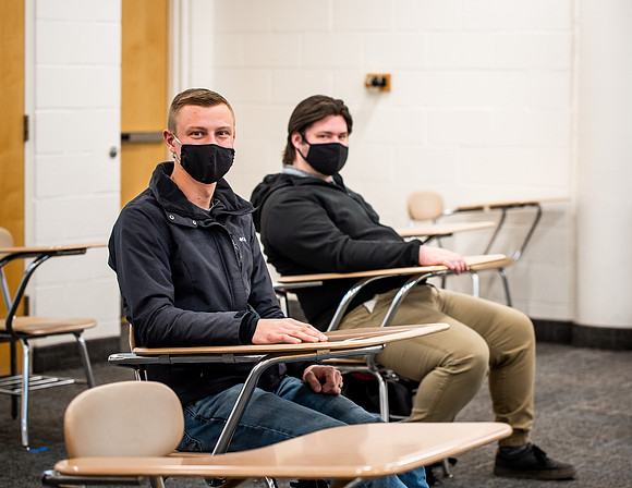 BYUI classes in the religion department meeting during Covid-19 with masks and social distanced seating.