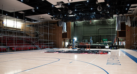 Construction in the BYUI Hart building main gym, locker rooms, and racquetball courts.