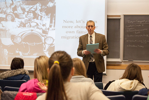 Brother Michael Madsen teaches his early morning Geography For Elementary Teachers class in the Ricks Building.