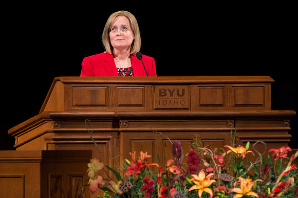 Lynne Anderson, Managing Director over the BYU-Idaho Cirriculum Development, speaks to BYU-Idaho students at Devotional.
