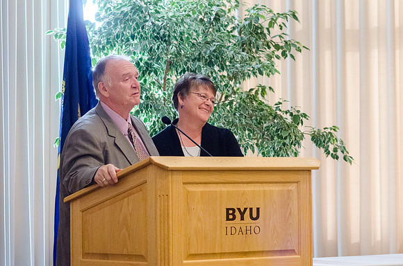 Ricks College Alumni gather together during the Emeritus Breakfast to honor John and Trudy Bidwell.