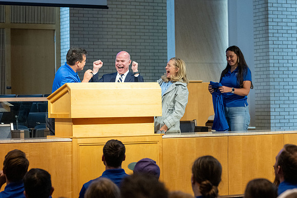 President and Sister Meredith with student volunteers and mentors who help with Get Connected, New Student Orientation.