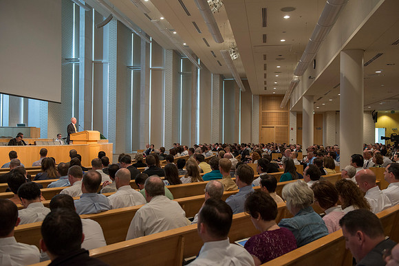 Employees gather in the Taylor Chapel for an All Employee Meeting where President Clark talked about the growth and future of Pathway and Online Learning.