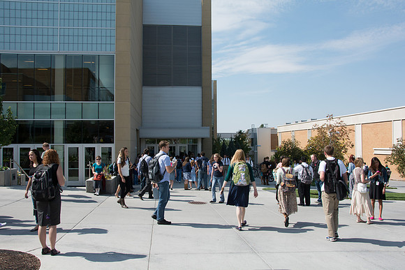 Students gather to listen to President and Sister Clark talk in the i-Center for the first devotional of the semester.