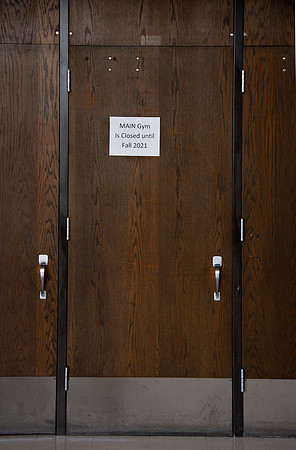Construction in the BYUI Hart building main gym, locker rooms, and racquetball courts.