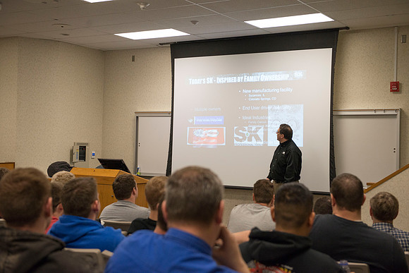 SK Tools representative Rob Conrad speaks to Automotive and Engineering students in the Austin Builiding.