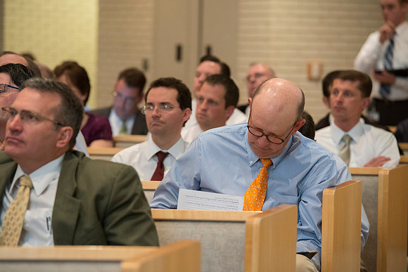 Employees gather in the Taylor Chapel for an All Employee Meeting where President Clark talked about the growth and future of Pathway and Online Learning.