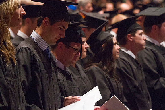 Graduating students from the 2014 Spring Semster gather in the I-Center for commencement.