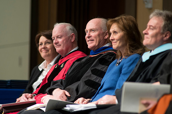 College of Language and Letters Convocation in the Manwaring Center Ballroom. Pres and Sister Clark and Elder and Sister Maynes. BYU-Idaho photo by Michael Lewis