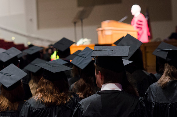 President Kim B. Clark speaks to students at their Graduation Commencement Ceremony.