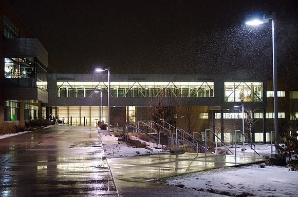Snow lightly falls the night of Graduation