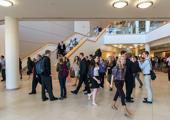 Students exiting the BYU-Idaho Center after devotional.