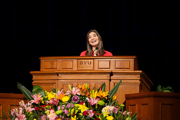Sister Andrea Muñoz Spannaus and her husband Alin Spannaus speak to students at BYU-Idaho.