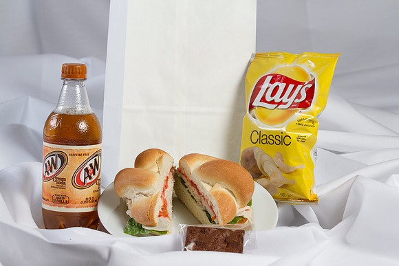 Served with a bag of Chips, Brownies or Cookies, 20 ounce Beverage and appropriate condiments.