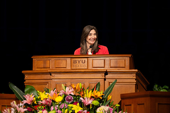 Sister Andrea Muñoz Spannaus and her husband Alin Spannaus speak to students at BYU-Idaho.