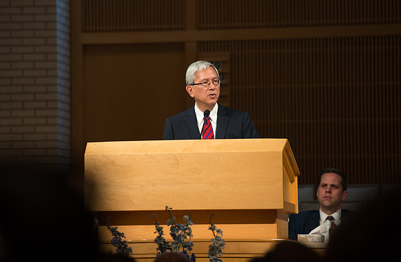 Elder Gerrit W. Gong of the First Quorum of the Seventy addresses employees in an all employee meeting. Sept 2016.