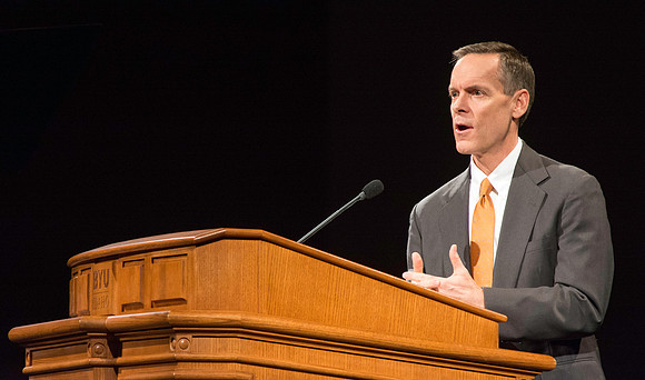 Business Management faculty member, Michael Clark, speaks at devotional.