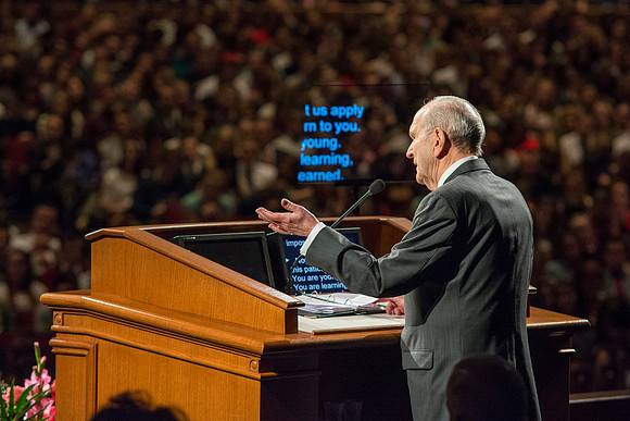 Elder Russell M. Nelson, of the Quorum of the Twelve Apostles, gives the devotional address at Brigham Young University-Idaho. Photo by Ryan Chase