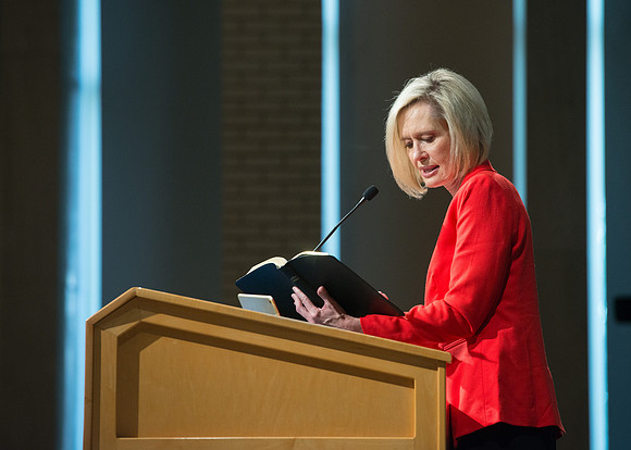 Sister Bonnie Cordon in the General Young Women's Presidency addresses Employees gathered in the Taylor Chapel.