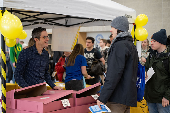 First year students at orientation check in.