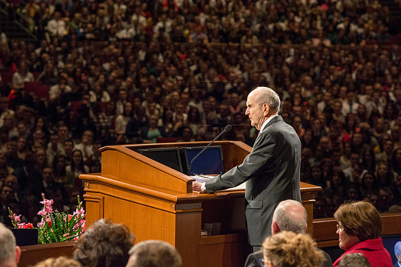 Elder Russell M. Nelson, of the Quorum of the Twelve Apostles, introduces Brigham Young University-Idaho's newest President of the University, President Clark Gilbert. Photo by Ryan Chase