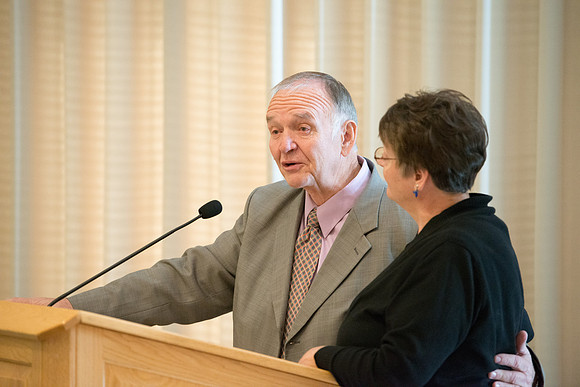 Ricks College Alumni gather to honor John and Trudy Bidwell at an Emeritus Breakfast.