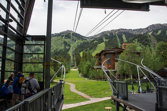 Jackson Hole Ski area. Scouting out Rock Spring Buttress for video shoot. Aerial Tram ride to the top.
