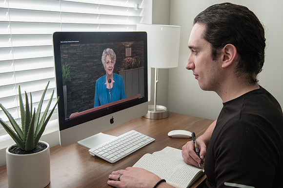 BYU-Idaho student tuning in to the Devotional via Livestream due to COVID-19 Guest Speakers Elder and Sister Renlund. Spring Semester