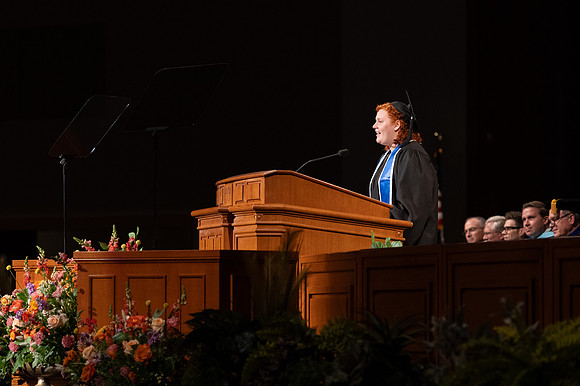 Mayleigh Barth, Special Education K-12 major, speaks at convocation for the College of Education & Human Development