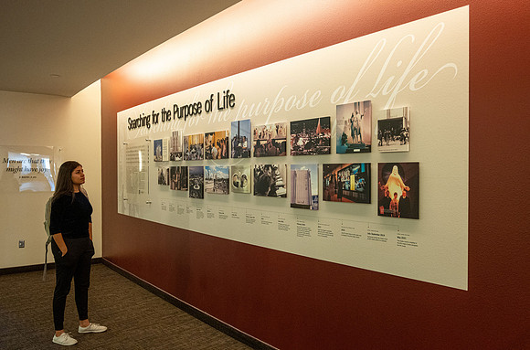 "Searching for the Purpose of Life" murals on display in the BYU-Idaho Center.