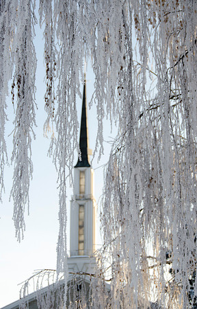 The Church of Jesus Christ of Latter Day Saints old gray church house in Sugar City, Idaho on a frosty winter day.