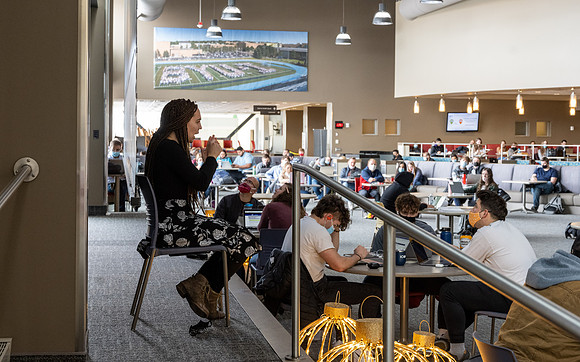 Students gather in the Manwaring Center, Crossroads to study, socialize, and watch devotional.