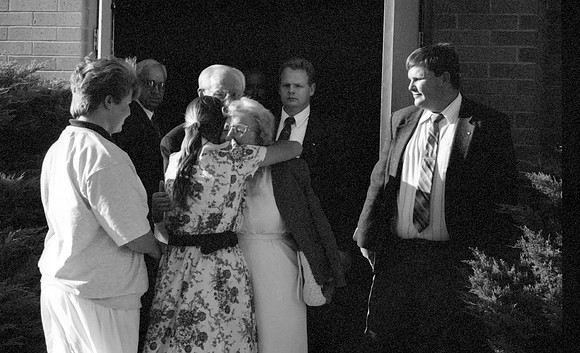 Gordon B. Hinckley &amp; Marjorie Pay Hinckley leaving a fireside at Rick's College