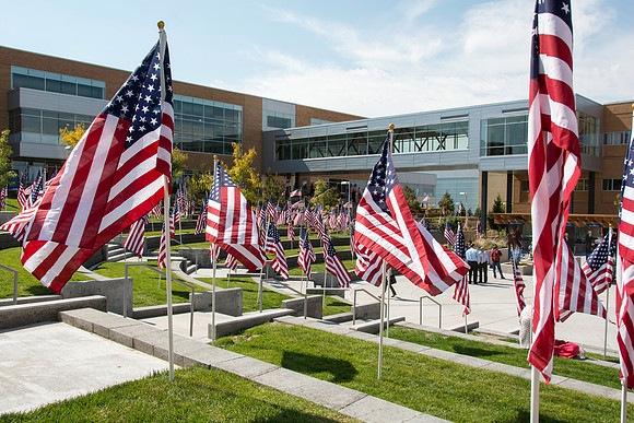 Flags on display in the Central Quad celebrate Constitution Day. "Remembering the brave men and women who gave so much for our Independance and the freedoms we now enjoy."