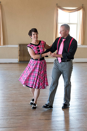 Adam and Jennifer Anderson dancing at the Woodman Ballroom for Online Recruiting marketing material.