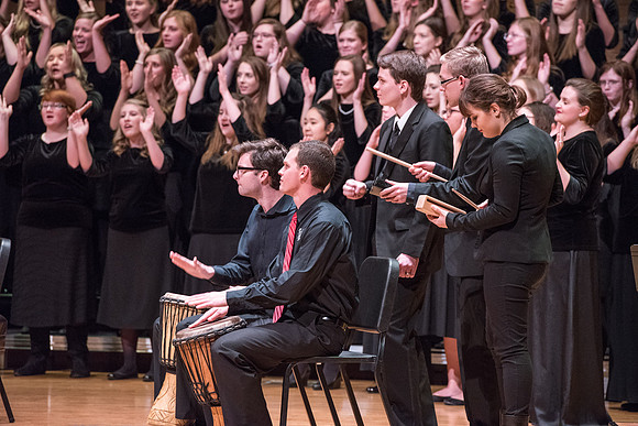 The Brigham Young University-Idaho choirs and ensembles perform in a concert together.