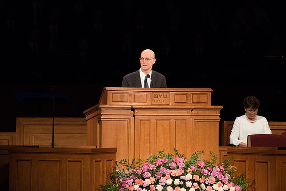 President Henry J Eyring welcomes students to a BYU-Idaho special Sunday devotional with Elder Ronald A. Rasband of the quorum of the twelve apostles along with his wife Melanie Rasband.
