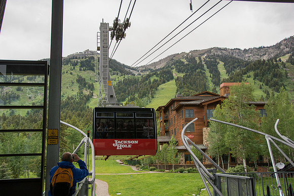 Jackson Hole Ski area. Scouting out Rock Spring Buttress for video shoot. Aerial Tram ride to the top.