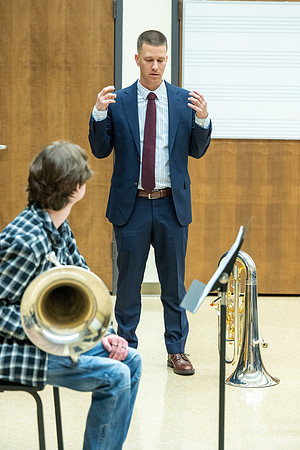 Members of the United States Marine Band work with students in a Masters class.