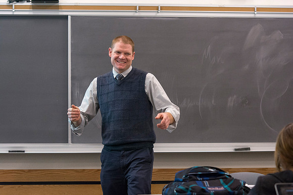 Jeremy Lamoreaux, faculty member of the Brigham Young University-Idaho Political Science department, teaching in class.