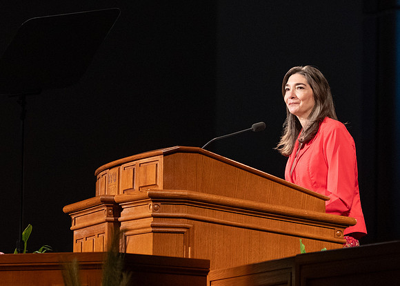 Sister Andrea Muñoz Spannaus and her husband Alin Spannaus speak to students at BYU-Idaho.