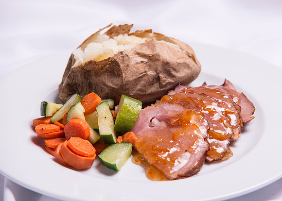 Food Service Catering Menu item. Baked Ham with Orange Sauce, Baked Potatoe and vegetables