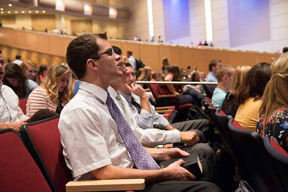 Students gather in the BYU-Idaho Center for the first devotional of the semester.