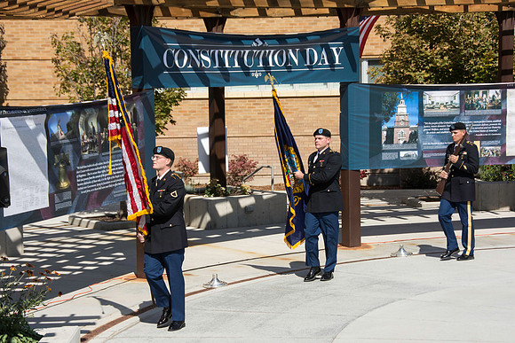 Flags on display in the Central Quad celebrate Constitution Day. "Remembering the brave men and women who gave so much for our Independance and the freedoms we now enjoy."